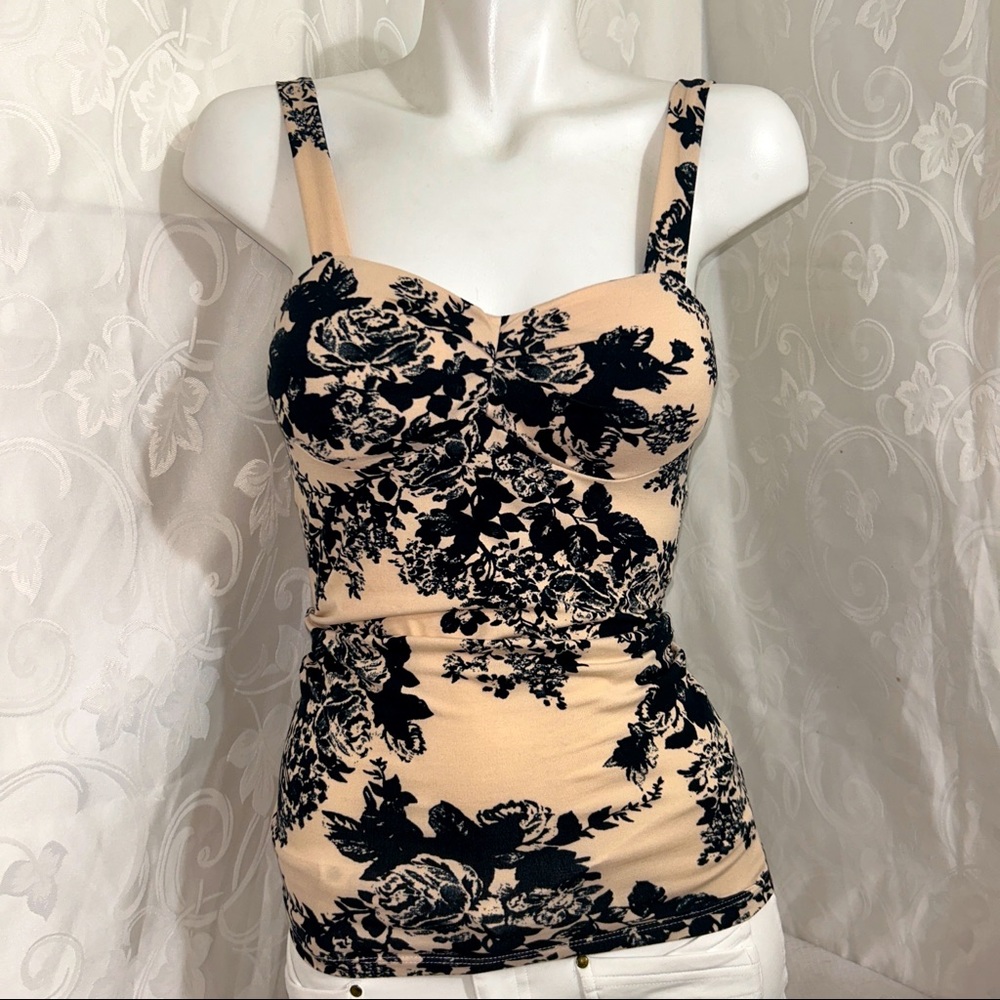 Seductions Nude Cream Floral Square Neck Stretch Tank Top